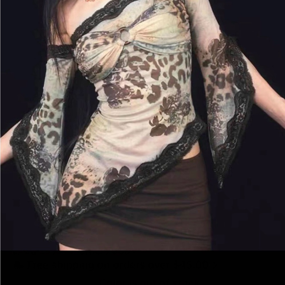 Sheer Leopard Print Off-Shoulder Top with Black Lace Trim